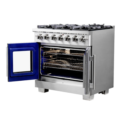 Cocina a gas independiente Forno Capriasca de 91 cm con puerta francesa, 6 quemadores, horno de convección y eficiencia energética.