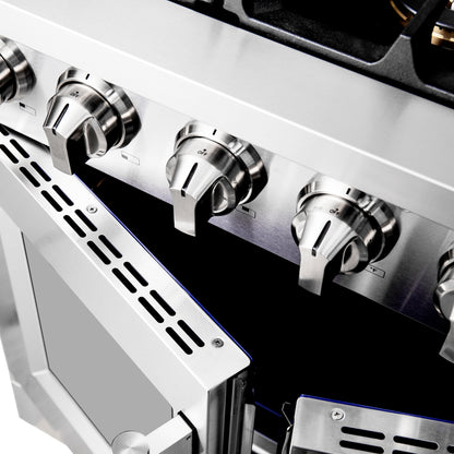 Cocina a gas independiente Forno Capriasca de 91 cm con puerta francesa, 6 quemadores, horno de convección y eficiencia energética.