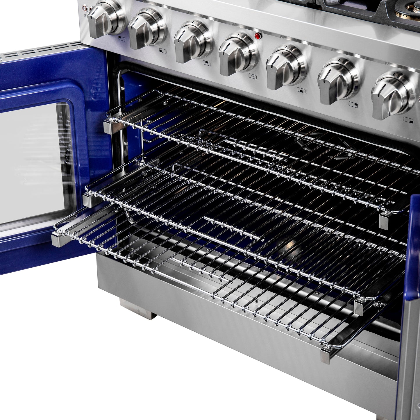 Cocina a gas independiente Forno Capriasca de 91 cm con puerta francesa, 6 quemadores, horno de convección y eficiencia energética.