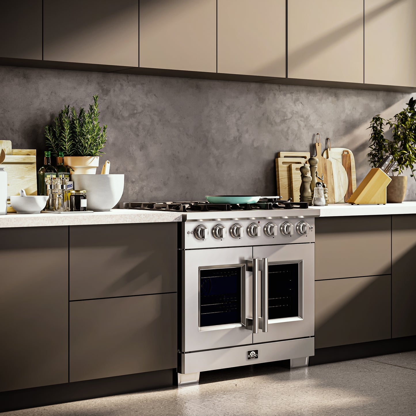 Cocina a gas independiente Forno Capriasca de 91 cm con puerta francesa, 6 quemadores, horno de convección y eficiencia energética.