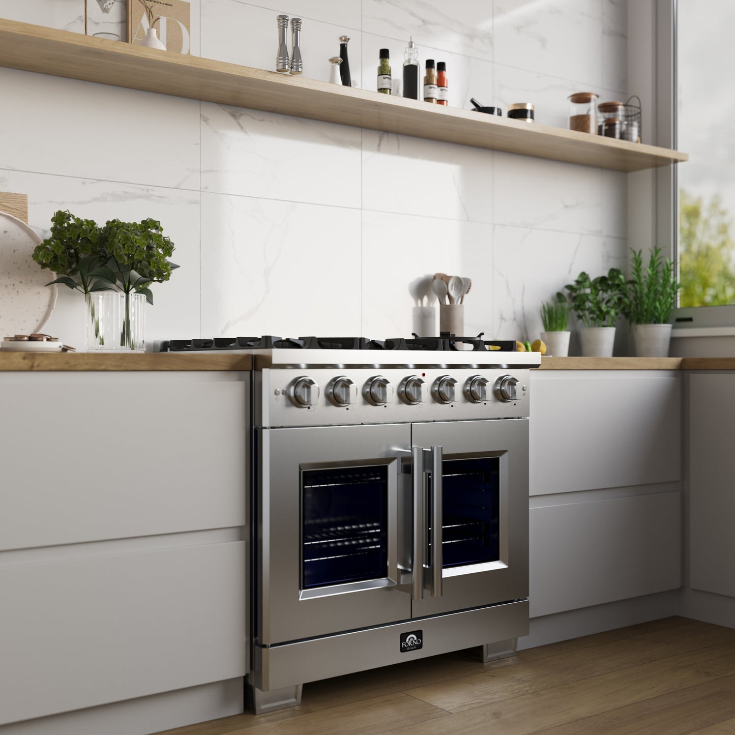 Cocina a gas independiente Forno Capriasca de 91 cm con puerta francesa, 6 quemadores, horno de convección y eficiencia energética.