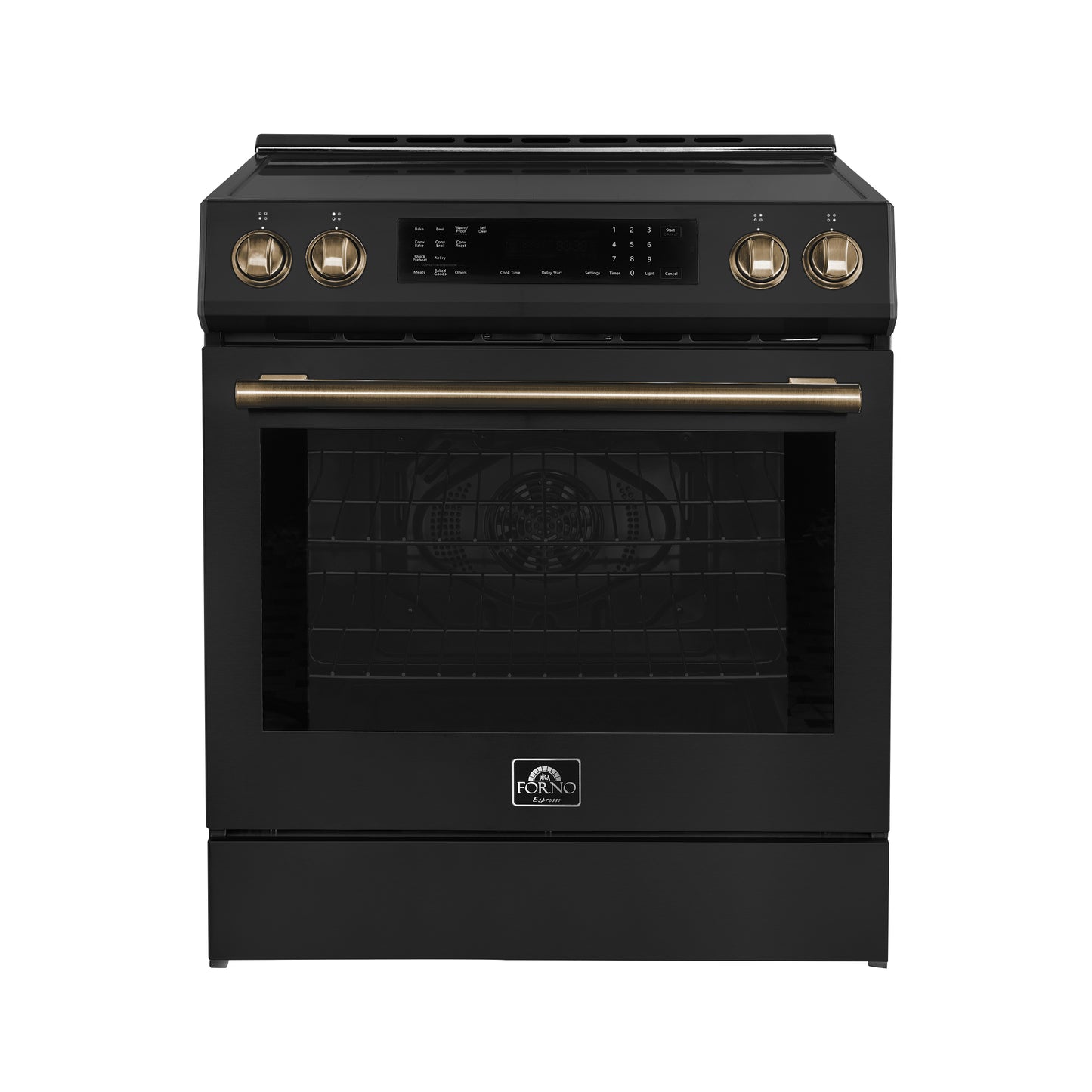 Cocina de inducción deslizable Forno Donatello Espresso de 30 pulgadas, color negro, con horno de convección, 5 zonas de cocción y panel de control táctil.