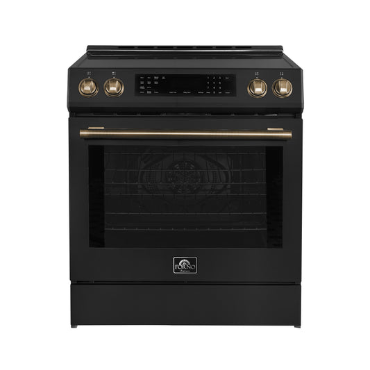 Cocina de inducción deslizable Forno Donatello Espresso de 30 pulgadas, color negro, con horno de convección, 5 zonas de cocción y panel de control táctil.