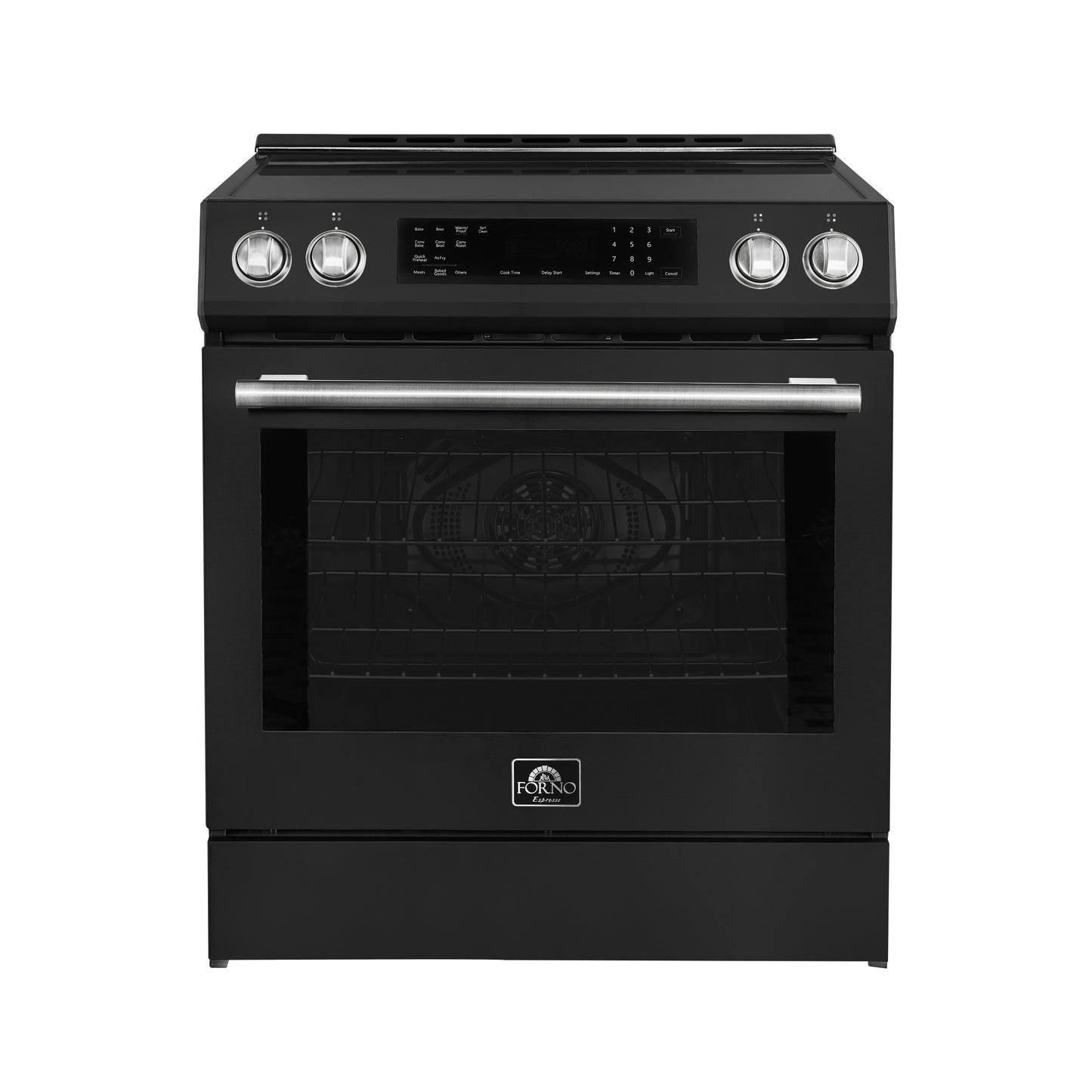 Cocina de inducción deslizable Forno Donatello Espresso de 30 pulgadas, color negro, con horno de convección, 5 zonas de cocción y panel de control táctil.