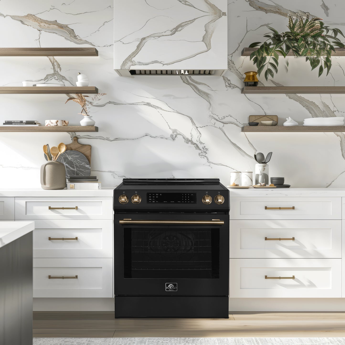 Cocina de inducción deslizable Forno Donatello Espresso de 30 pulgadas, color negro, con horno de convección, 5 zonas de cocción y panel de control táctil.