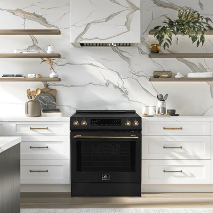 Cocina de inducción deslizable Forno Donatello Espresso de 30 pulgadas, color negro, con horno de convección, 5 zonas de cocción y panel de control táctil.