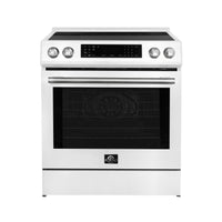 Cocina de inducción deslizable Forno Donatello Espresso de 30 pulgadas, color blanco, con horno de convección, 5 zonas de cocción y panel de control táctil.