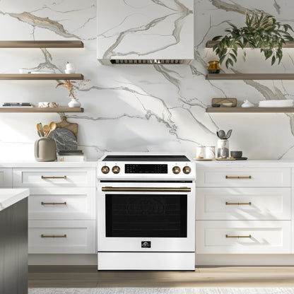 Cuisinière à induction encastrable blanche Forno Donatello Espresso de 30 pouces, four à convection, 5 zones de cuisson, panneau de commande tactile