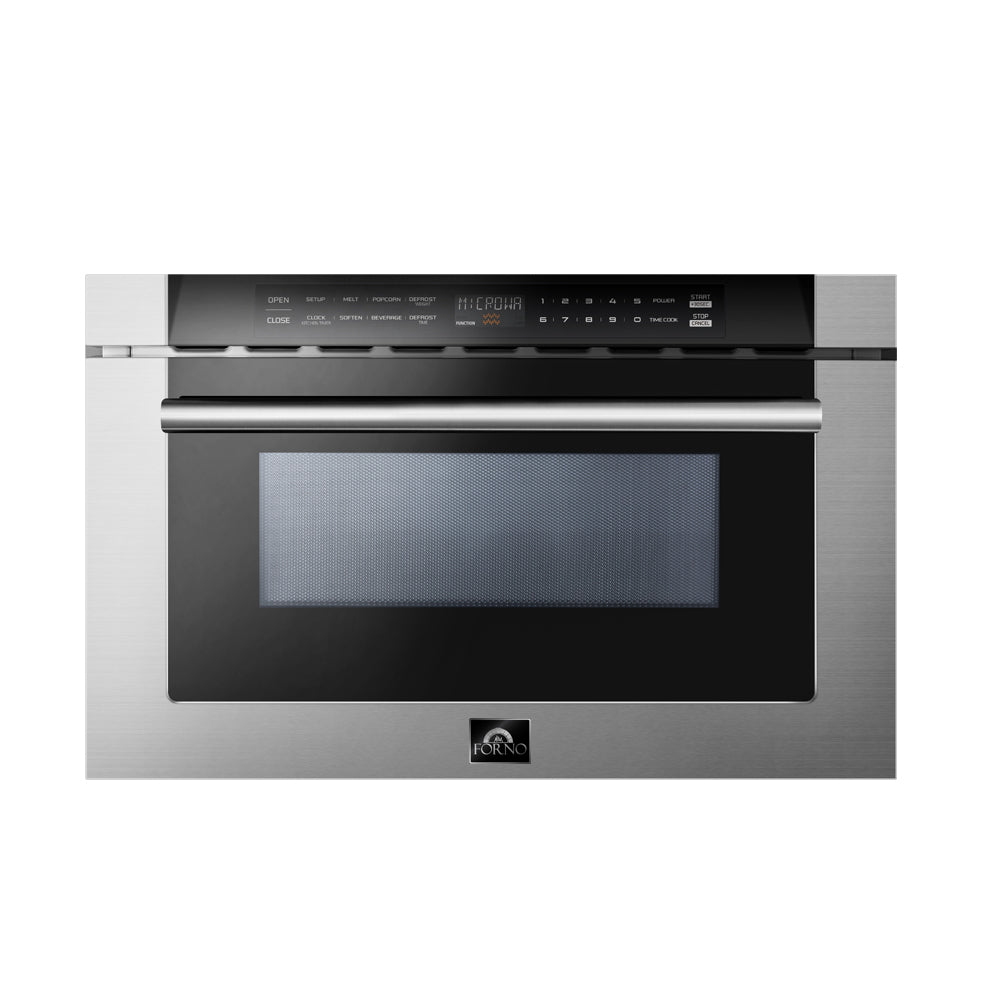 Microondas de cajón Forno Capoliveri de 24 pulgadas, acero inoxidable, 1.2 pies cúbicos, 1000 vatios, integrado, pantalla LCD táctil, apertura y cierre automáticos, 11 niveles de potencia, cocción con sensor