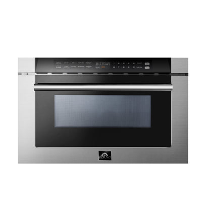 Microondas de cajón Forno Capoliveri de 24 pulgadas, acero inoxidable, 1.2 pies cúbicos, 1000 vatios, integrado, pantalla LCD táctil, apertura y cierre automáticos, 11 niveles de potencia, cocción con sensor