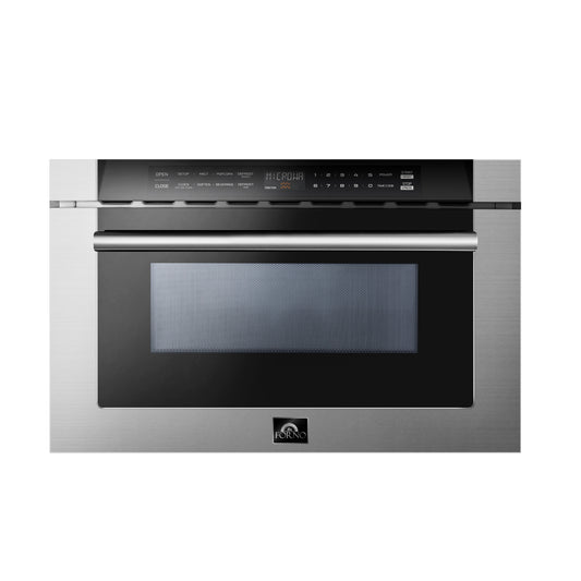 Microondas de cajón Forno Capoliveri de 24 pulgadas, acero inoxidable, 1.2 pies cúbicos, 1000 vatios, integrado, pantalla LCD táctil, apertura y cierre automáticos, 11 niveles de potencia, cocción con sensor