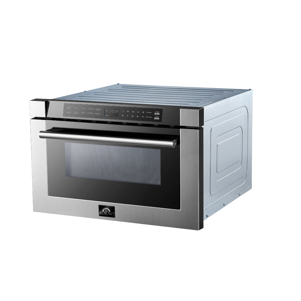 Microondas de cajón Forno Capoliveri de 24 pulgadas, acero inoxidable, 1.2 pies cúbicos, 1000 vatios, integrado, pantalla LCD táctil, apertura y cierre automáticos, 11 niveles de potencia, cocción con sensor