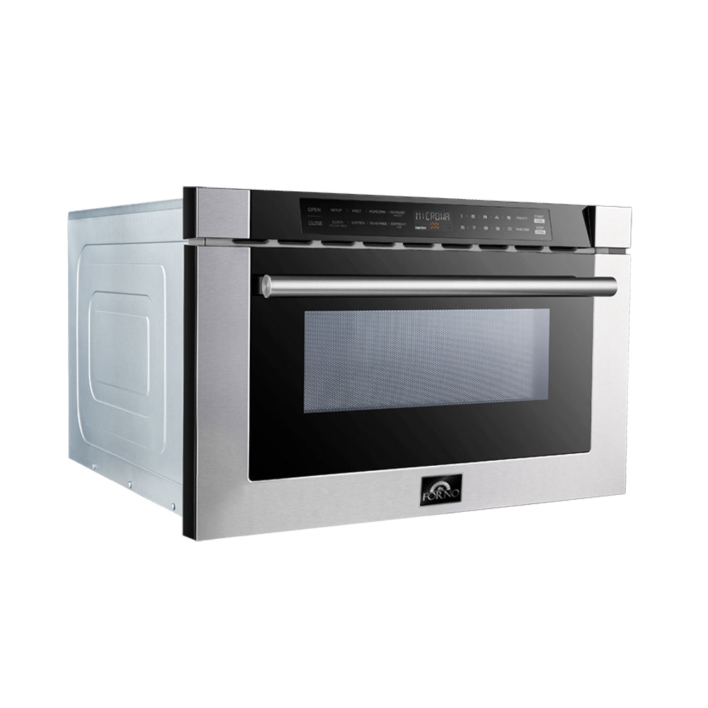 Microondas de cajón Forno Capoliveri de 24 pulgadas, acero inoxidable, 1.2 pies cúbicos, 1000 vatios, integrado, pantalla LCD táctil, apertura y cierre automáticos, 11 niveles de potencia, cocción con sensor