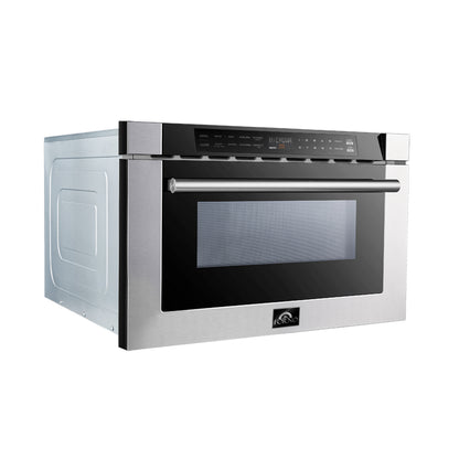 Microondas de cajón Forno Capoliveri de 24 pulgadas, acero inoxidable, 1.2 pies cúbicos, 1000 vatios, integrado, pantalla LCD táctil, apertura y cierre automáticos, 11 niveles de potencia, cocción con sensor