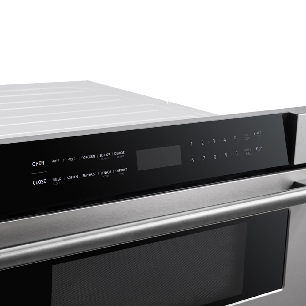 Microondas de cajón Forno Capoliveri de 30 pulgadas, acero inoxidable, 1.2 pies cúbicos, 1000 vatios, integrado, pantalla LCD táctil, apertura y cierre automáticos, 11 niveles de potencia, cocción con sensor