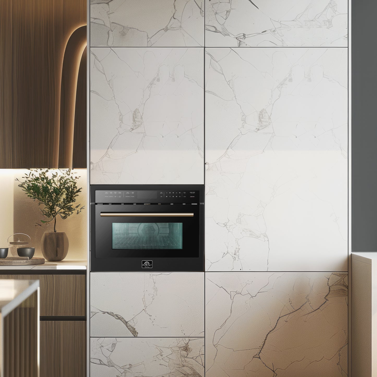 Horno de microondas y convección integrado Forno Oliena Espresso Black de 24 pulgadas, 1.6 pies cúbicos, 1750 W de convección, 1000 W de microondas, interior de acero inoxidable, controles táctiles de vidrio, cocción por sensor.