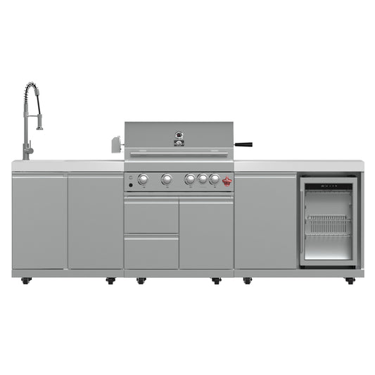 Barbacoa FORNO Bulnes de 76 cm, 60 000 BTU, 3 quemadores con quemadores infrarrojos para sellar y asar, cocina exterior de acero inoxidable con centro de bebidas de 547 ml (1.8 pies cúbicos) y encimeras de piedra sinterizada blanca.