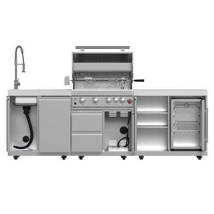 Barbecue FORNO Bulnes de 30 pouces, 60 000 BTU, 3 brûleurs avec brûleurs infrarouges pour saisir et rôtir, cuisine extérieure en acier inoxydable avec centre de boissons de 1,8 pi³ et comptoirs en pierre frittée blanche