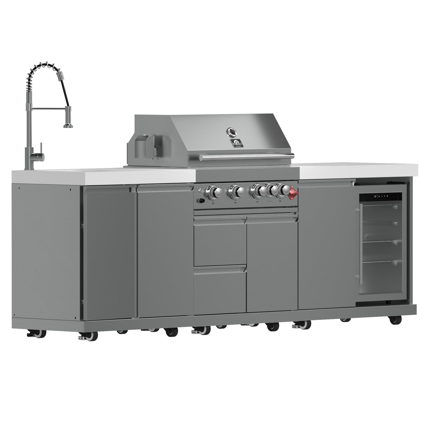 Barbecue FORNO Bulnes de 30 pouces, 60 000 BTU, 3 brûleurs avec brûleurs infrarouges pour saisir et rôtir, cuisine extérieure en acier inoxydable avec centre de boissons de 1,8 pi³ et comptoirs en pierre frittée blanche