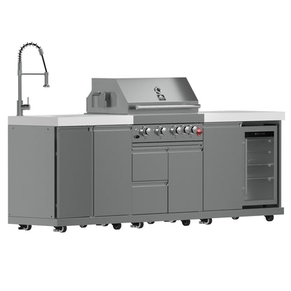 Barbecue FORNO Bulnes de 30 pouces, 60 000 BTU, 3 brûleurs avec brûleurs infrarouges pour saisir et rôtir, cuisine extérieure en acier inoxydable avec centre de boissons de 1,8 pi³ et comptoirs en pierre frittée blanche