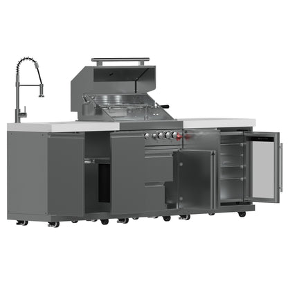 Barbecue FORNO Bulnes de 30 pouces, 60 000 BTU, 3 brûleurs avec brûleurs infrarouges pour saisir et rôtir, cuisine extérieure en acier inoxydable avec centre de boissons de 1,8 pi³ et comptoirs en pierre frittée blanche