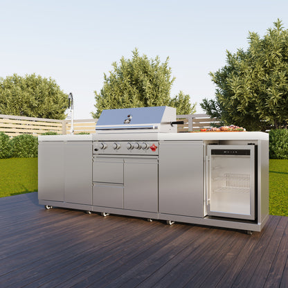 Barbecue FORNO Bulnes de 30 pouces, 60 000 BTU, 3 brûleurs avec brûleurs infrarouges pour saisir et rôtir, cuisine extérieure en acier inoxydable avec centre de boissons de 1,8 pi³ et comptoirs en pierre frittée blanche