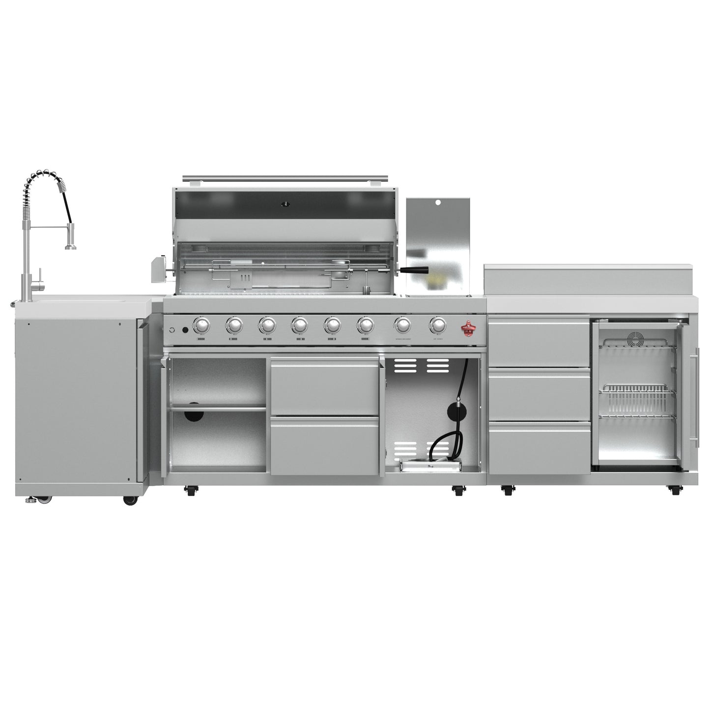 Barbacoa FORNO Bulnes de 40 pulgadas, 95,000 BTU, 5 quemadores, quemador infrarrojo para sellar y asar, con quemador lateral, cocina exterior de acero inoxidable con centro de bebidas de 1.8 pies cúbicos y encimeras de piedra sinterizada blanca.