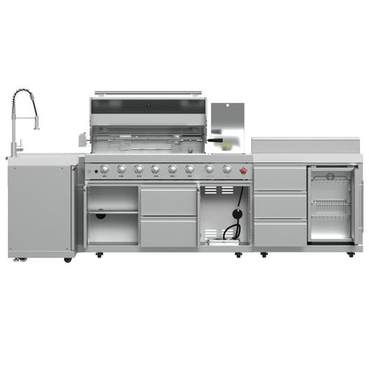 Barbacoa FORNO Bulnes de 40 pulgadas, 95,000 BTU, 5 quemadores, quemador infrarrojo para sellar y asar, con quemador lateral, cocina exterior de acero inoxidable con centro de bebidas de 1.8 pies cúbicos y encimeras de piedra sinterizada blanca.