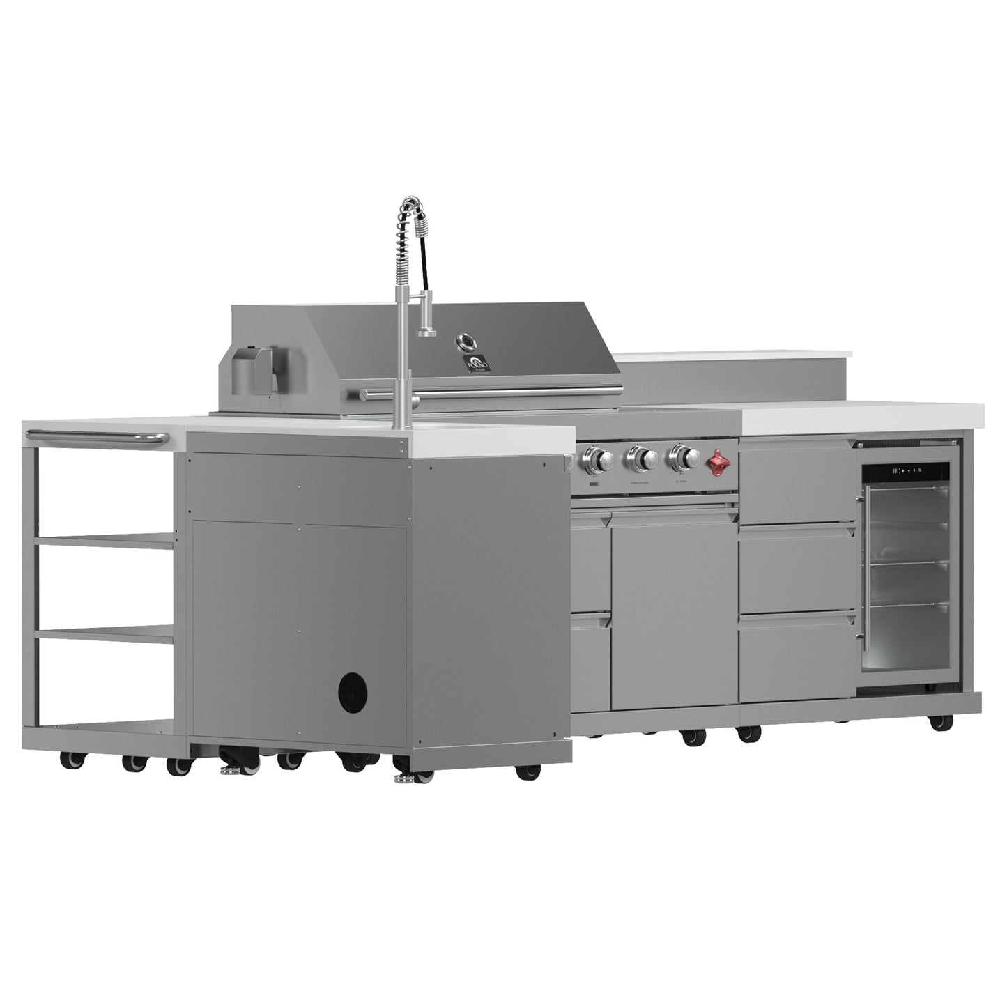 Barbacoa FORNO Bulnes de 40 pulgadas, 95,000 BTU, 5 quemadores, quemador infrarrojo para sellar y asar, con quemador lateral, cocina exterior de acero inoxidable con centro de bebidas de 1.8 pies cúbicos y encimeras de piedra sinterizada blanca.