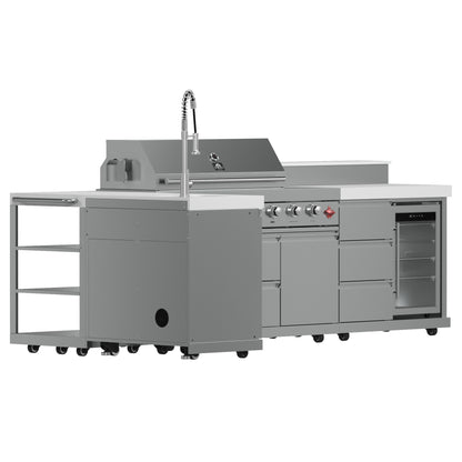 Barbacoa FORNO Bulnes de 40 pulgadas, 95,000 BTU, 5 quemadores, quemador infrarrojo para sellar y asar, con quemador lateral, cocina exterior de acero inoxidable con centro de bebidas de 1.8 pies cúbicos y encimeras de piedra sinterizada blanca.