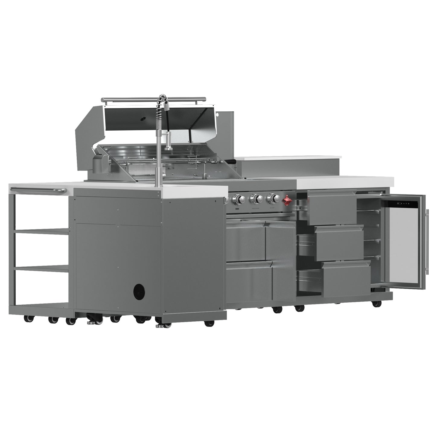 Barbacoa FORNO Bulnes de 40 pulgadas, 95,000 BTU, 5 quemadores, quemador infrarrojo para sellar y asar, con quemador lateral, cocina exterior de acero inoxidable con centro de bebidas de 1.8 pies cúbicos y encimeras de piedra sinterizada blanca.