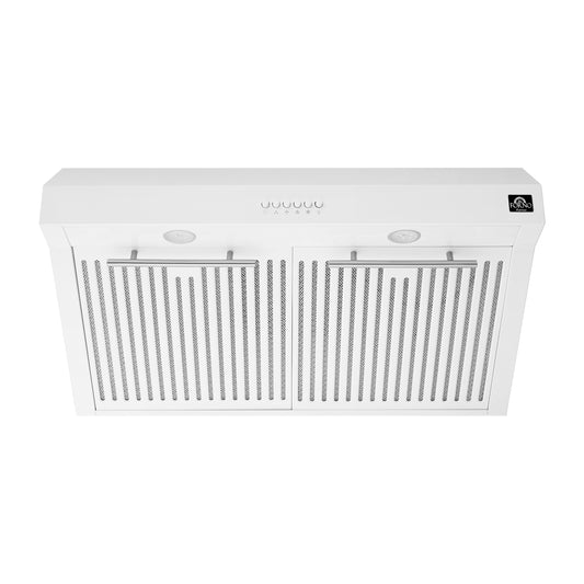 Ensemble de cuisine premium 4 pièces FORNO : cuisinière Leonardo Espresso blanche de 30 po, hotte blanche de 30 po, réfrigérateur congélateur inférieur blanc de 31 po, lave-vaisselle encastrable blanc de 24 po - FBDL-006-03CA