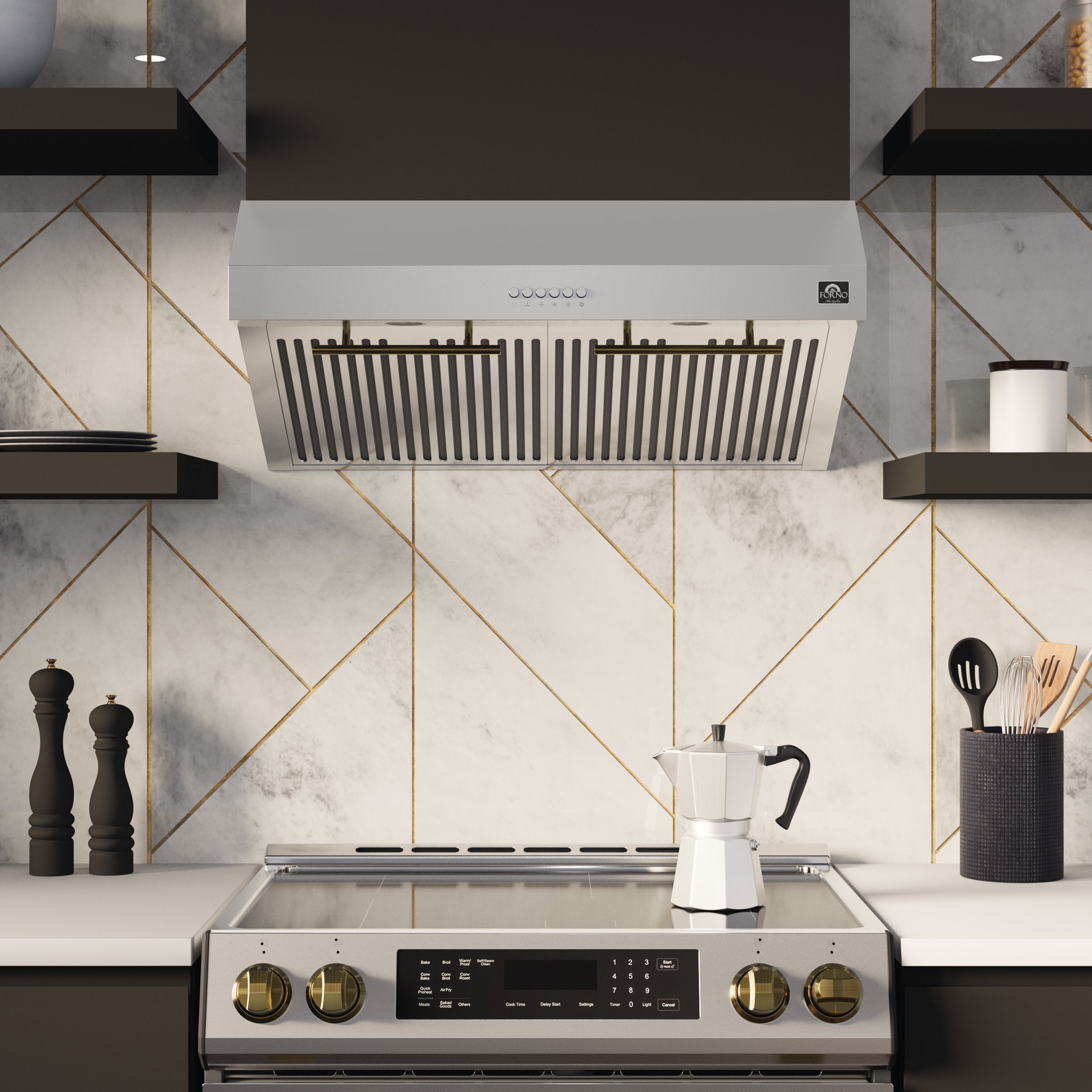 FORNO Premium 4-Piece Kitchen Bundle - 30" Electric Range, 30" Range Hood, 31" French Door Refrigerator, 24" Built-In Dishwasher, Stainless Steel - FBDL-010-01US - Forno Appliances