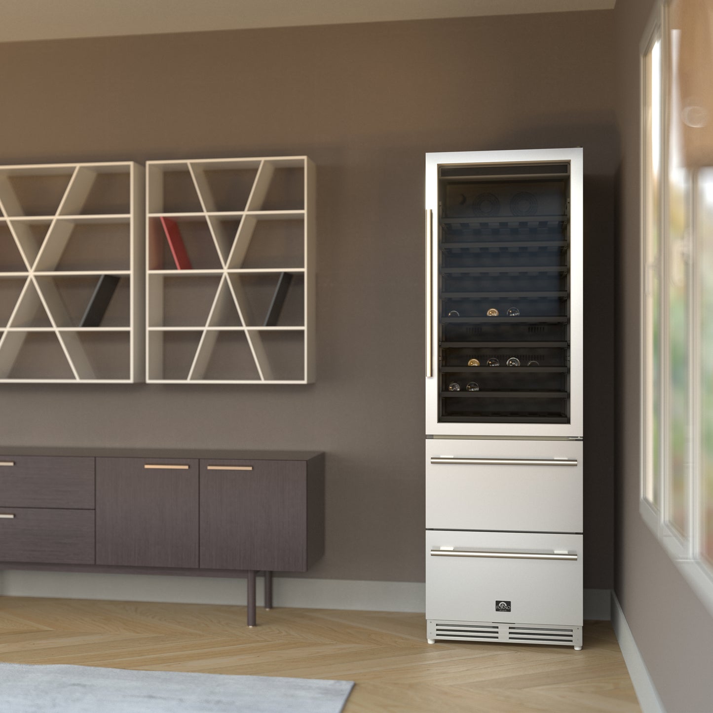 Enfriador de vinos Forno Azienda de 24 pulgadas con doble zona de temperatura, hasta 108 botellas, dos cajones refrigerados, zonas de temperatura ajustables, eficiencia energética