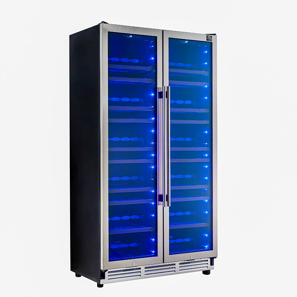 Cava de vinos Forno Vernazza de 40 pulgadas, lado a lado, de doble zona, capacidad de 25.07 pies cúbicos, acero inoxidable, control de temperatura, puerta de vidrio con protección UV, estantes de madera