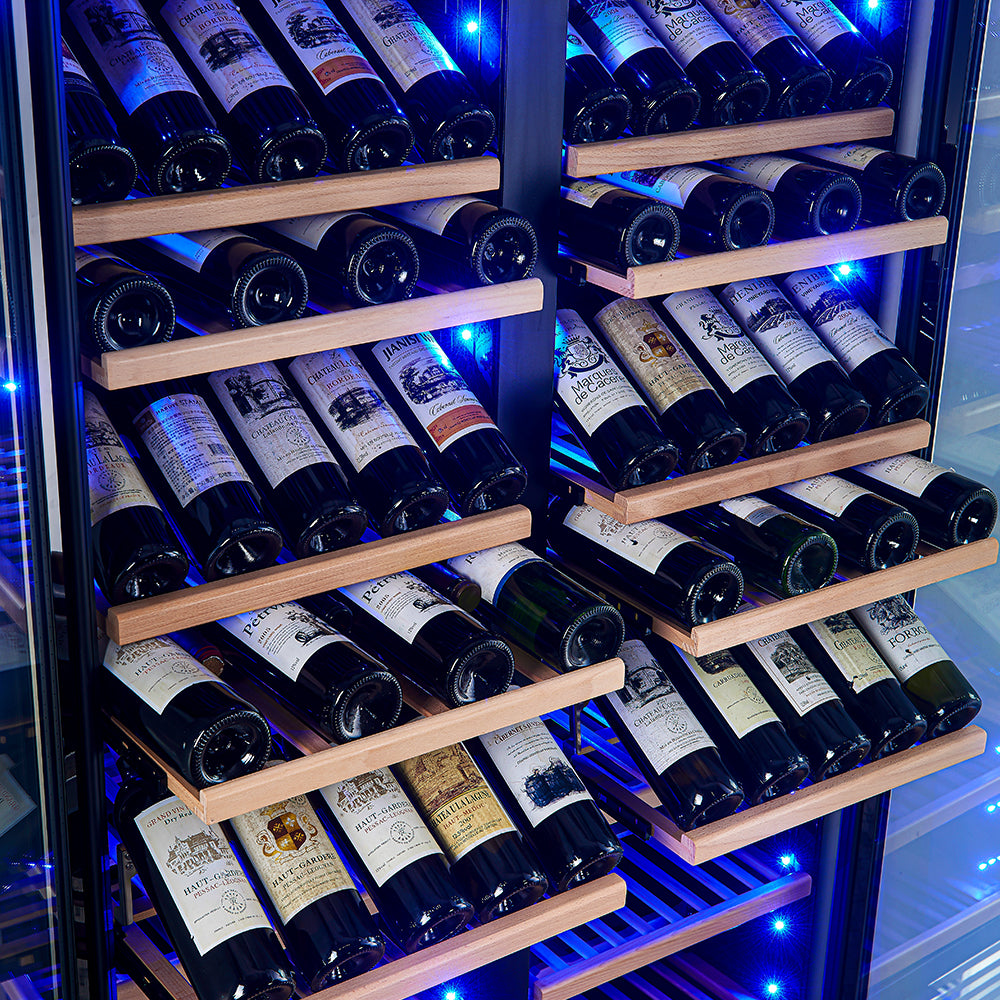 Cava de vinos Forno Vernazza de 40 pulgadas, lado a lado, de doble zona, capacidad de 25.07 pies cúbicos, acero inoxidable, control de temperatura, puerta de vidrio con protección UV, estantes de madera