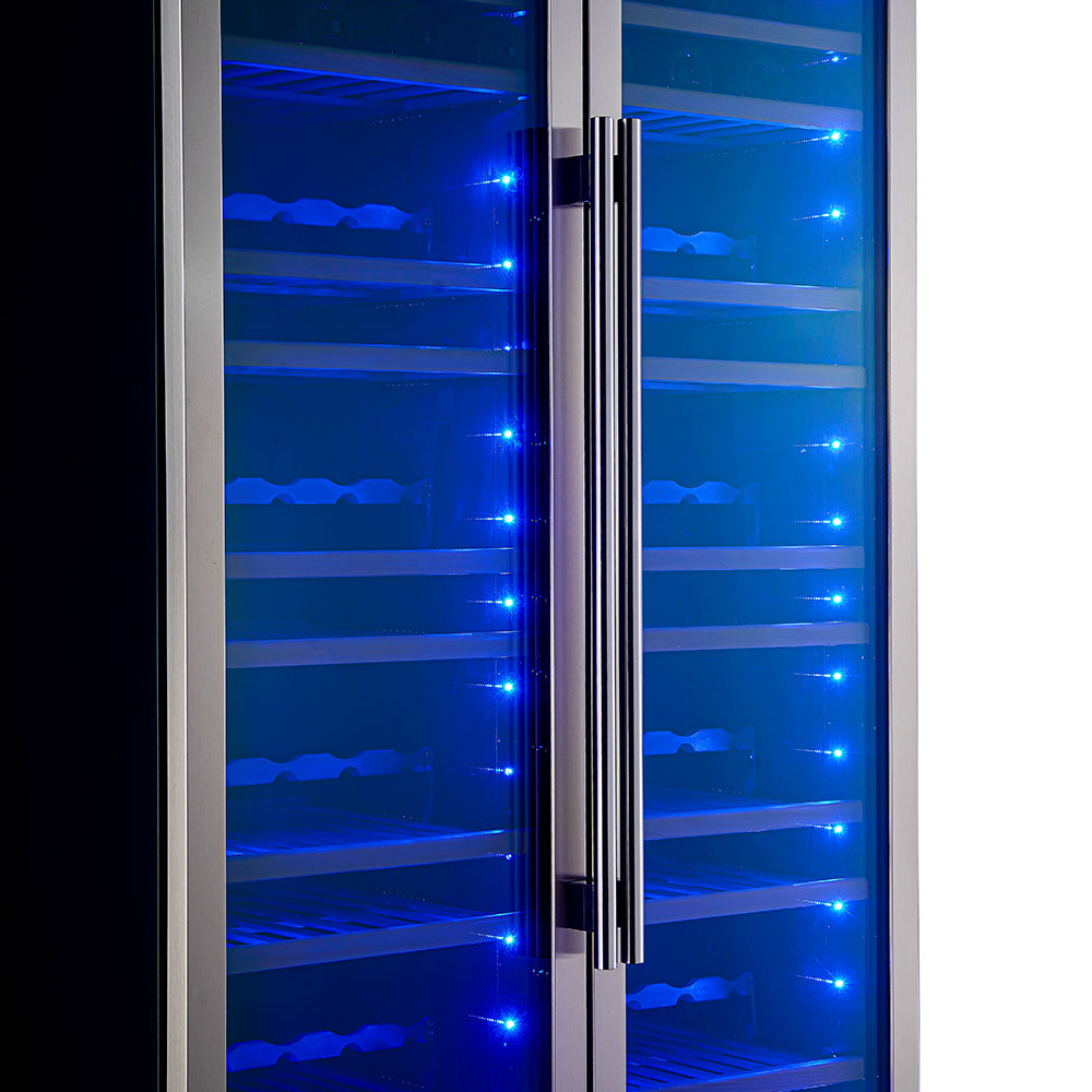 Cava de vinos Forno Vernazza de 40 pulgadas, lado a lado, de doble zona, capacidad de 25.07 pies cúbicos, acero inoxidable, control de temperatura, puerta de vidrio con protección UV, estantes de madera