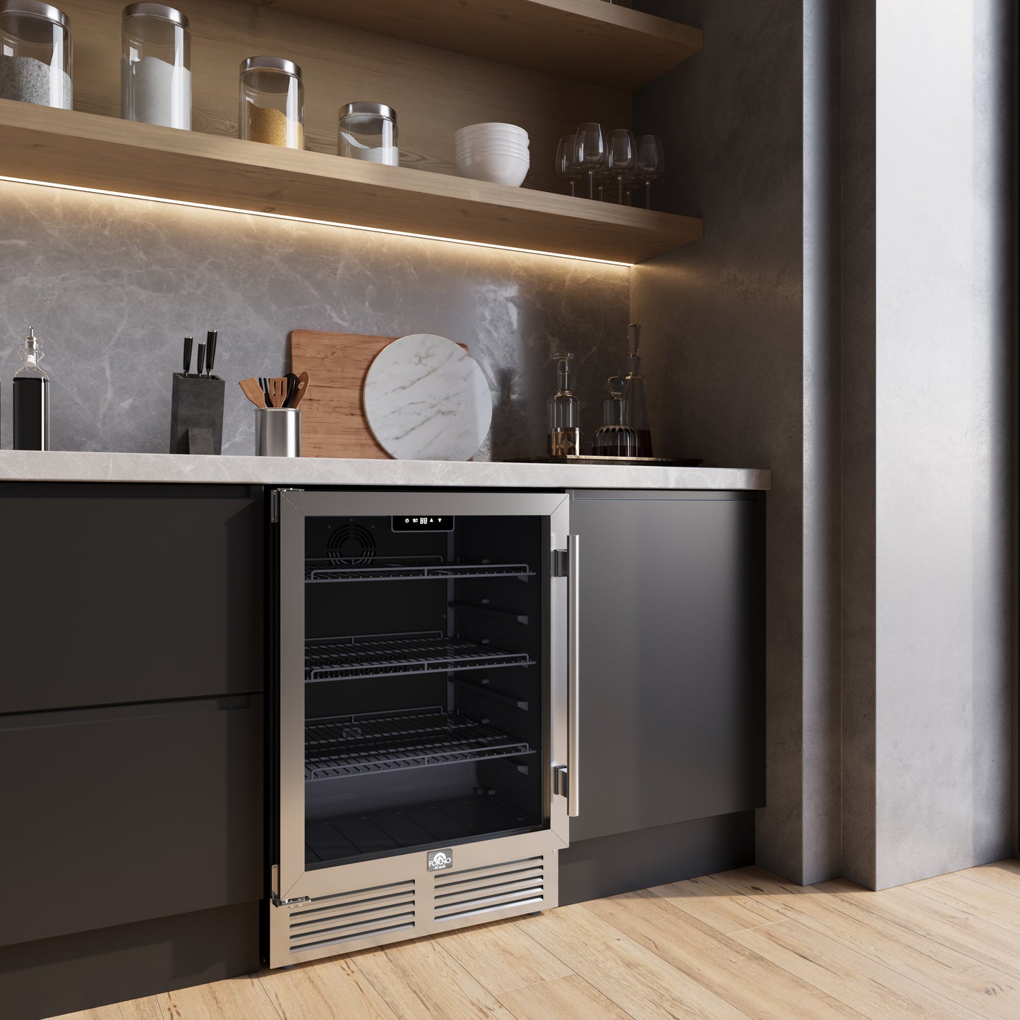 Enfriador de bebidas Forno Frescolino de 24 pulgadas, acero inoxidable, con iluminación LED, puerta de triple vidrio, capacidad para 188 latas, empotrado o independiente