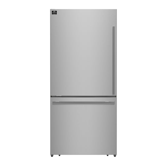 Refrigerador Forno Milano Espresso de acero inoxidable de 31 pulgadas con congelador inferior, 17.2 pies cúbicos, máquina de hielo incorporada, certificación ENERGY STAR