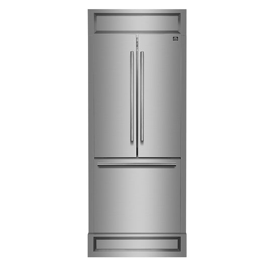 Refrigerador Forno Gallipoli de 30 pulgadas con puerta francesa, capacidad de 17.5 pies cúbicos, parrilla decorativa moderna, ancho de 34 pulgadas, acero inoxidable, tecnología No Frost, eficiencia energética