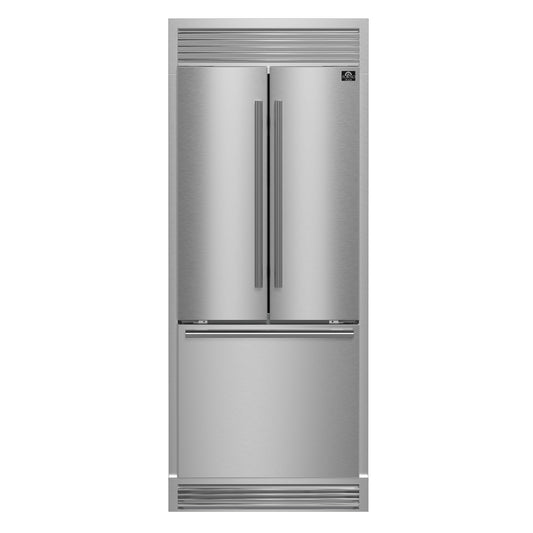 Refrigerador Forno Gallipoli de 30 pulgadas con puerta francesa, capacidad de 17.5 pies cúbicos, parrilla decorativa, ancho de 34 pulgadas, acero inoxidable, tecnología No Frost, eficiencia energética