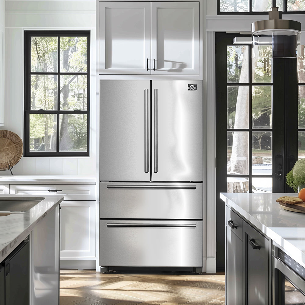 Forno Moena 36-Inch French Door Refrigerator, 19.2 cu.ft, Counter Depth, Ice Maker, Stainless Steel Interior Panel, ENERGY STAR Certified - Forno Appliances