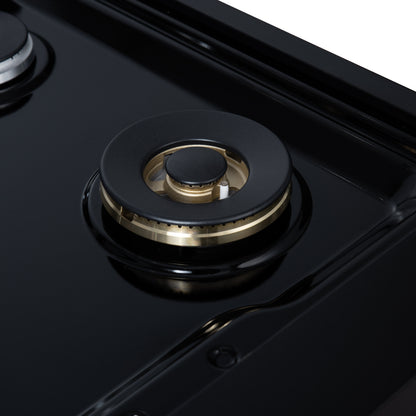Valente 36" Gas Cooktop in Black, 6 Sealed burners, 71,000 BUT Output, 1 Antique Brass Dual-Ring Burner, Continuous Cast Iron Grates - Forno Appliances