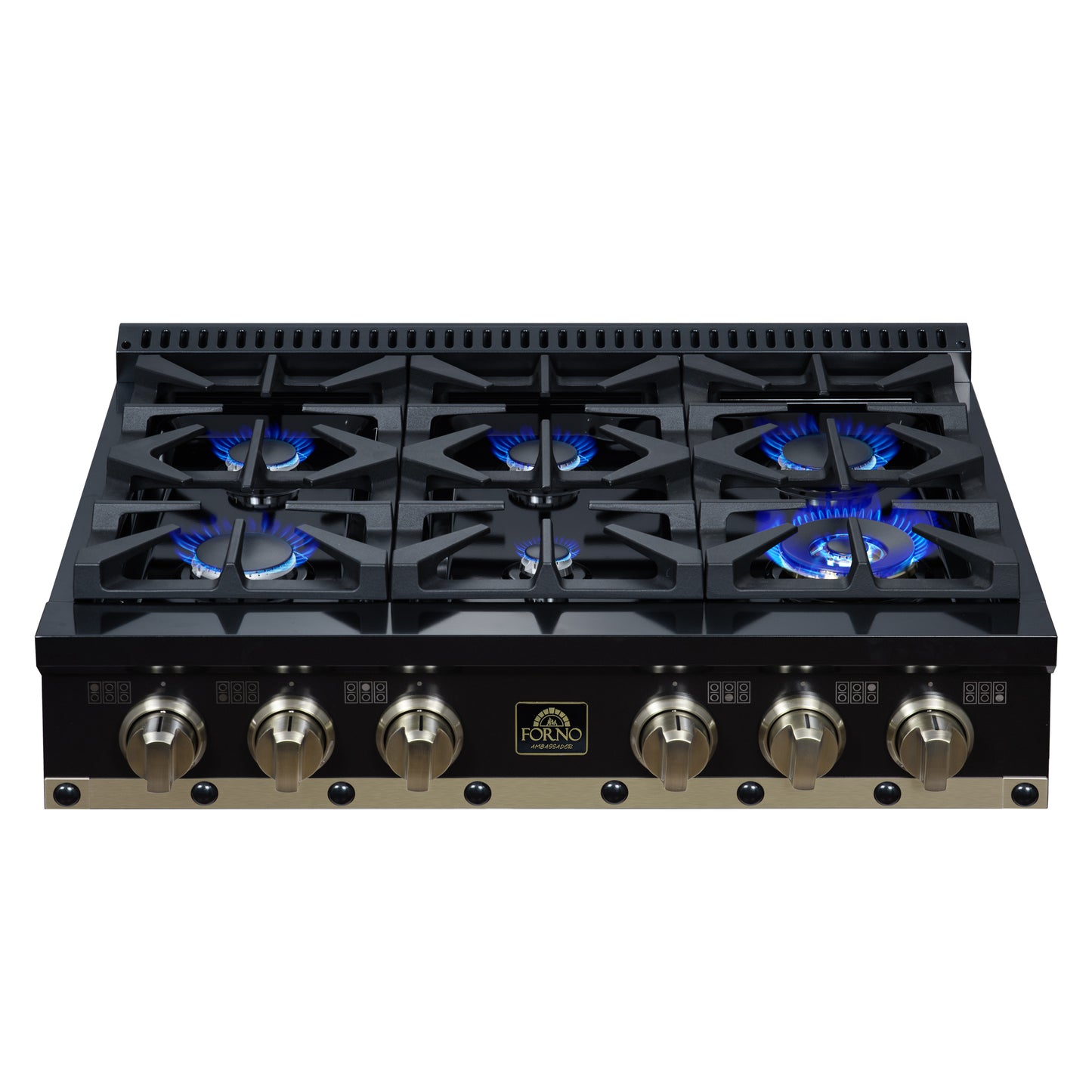 Valente 36" Gas Cooktop in Black, 6 Sealed burners, 71,000 BUT Output, 1 Antique Brass Dual-Ring Burner, Continuous Cast Iron Grates - Forno Appliances