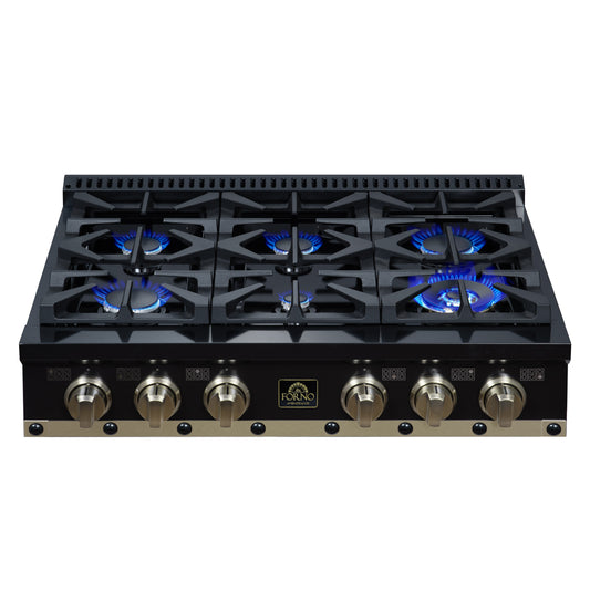 Valente 36" Gas Cooktop in Black, 6 Sealed burners, 71,000 BUT Output, 1 Antique Brass Dual-Ring Burner, Continuous Cast Iron Grates - Forno Appliances