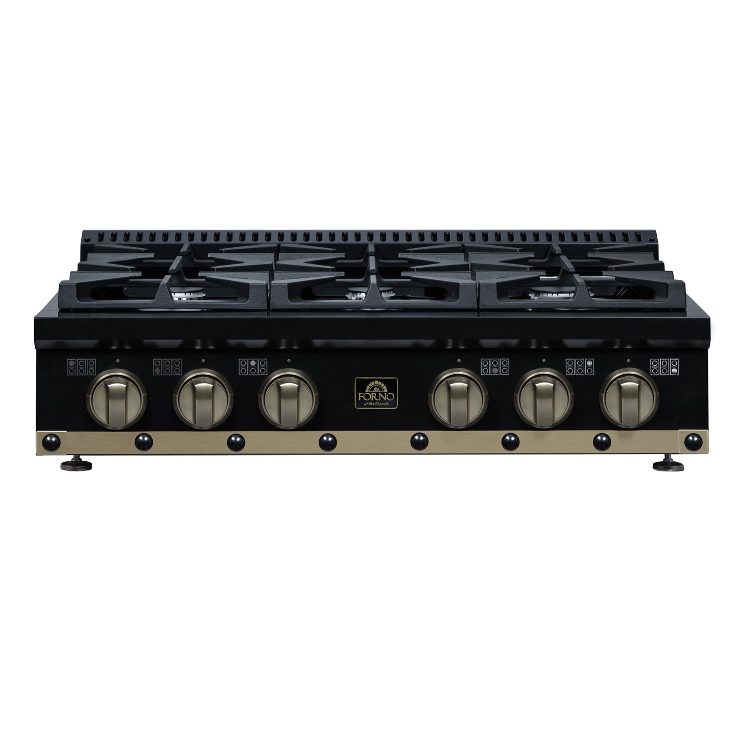 Valente 36" Gas Cooktop in Black, 6 Sealed burners, 71,000 BUT Output, 1 Antique Brass Dual-Ring Burner, Continuous Cast Iron Grates - Forno Appliances