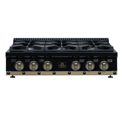 Valente 36" Gas Cooktop in Black, 6 Sealed burners, 71,000 BUT Output, 1 Antique Brass Dual-Ring Burner, Continuous Cast Iron Grates - Forno Appliances