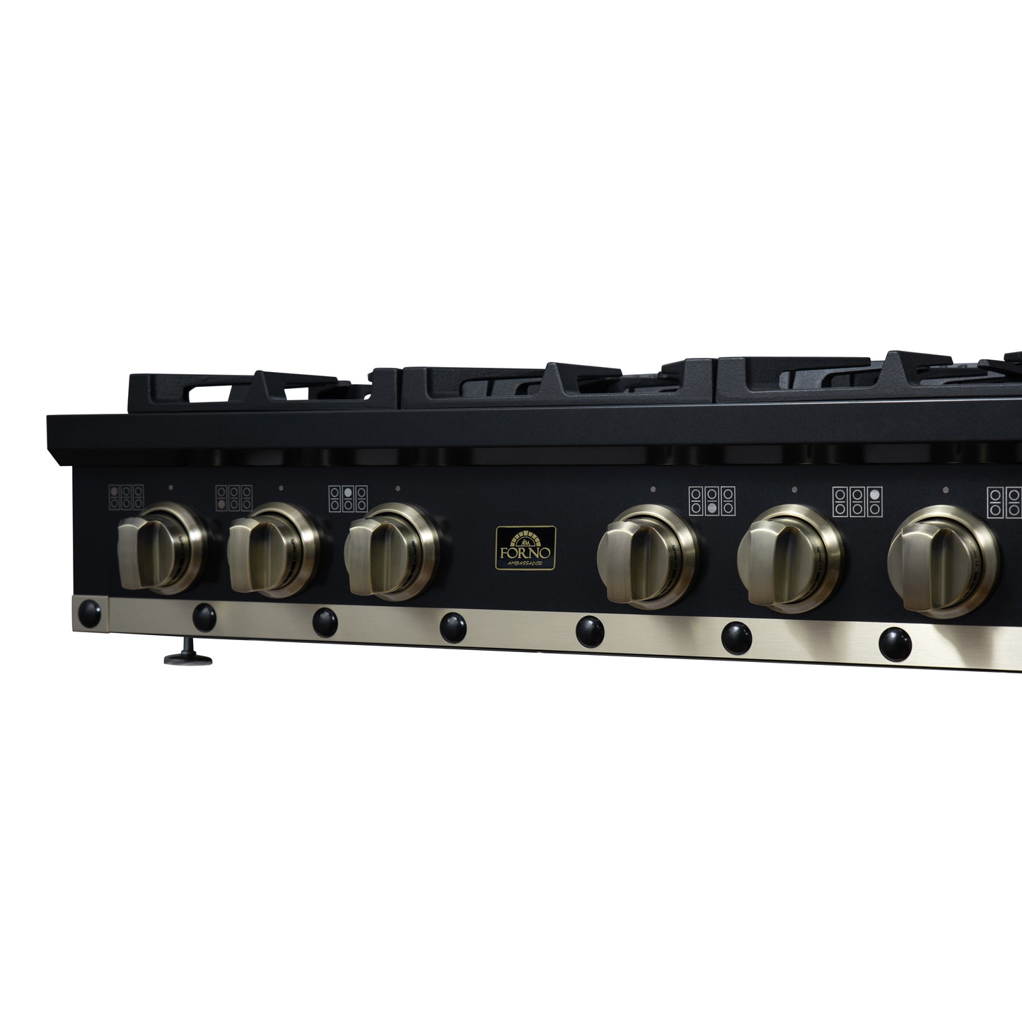 Valente 36" Gas Cooktop in Black, 6 Sealed burners, 71,000 BUT Output, 1 Antique Brass Dual-Ring Burner, Continuous Cast Iron Grates - Forno Appliances