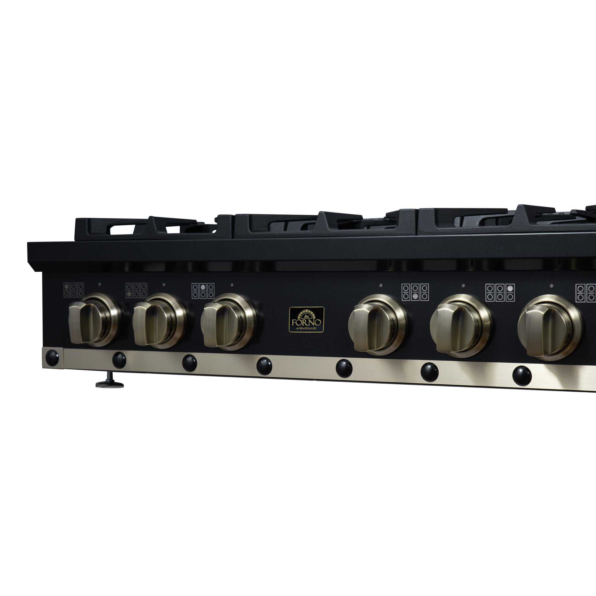 Valente 36" Gas Cooktop in Black, 6 Sealed burners, 71,000 BUT Output, 1 Antique Brass Dual-Ring Burner, Continuous Cast Iron Grates - Forno Appliances