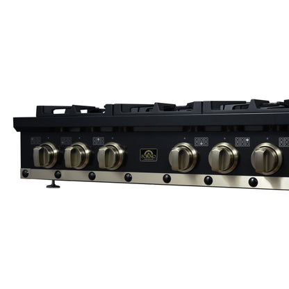 Valente 36" Gas Cooktop in Black, 6 Sealed burners, 71,000 BUT Output, 1 Antique Brass Dual-Ring Burner, Continuous Cast Iron Grates - Forno Appliances